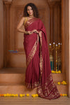 Shubh Lakshmi ~ Handloom Pure Mysore Silk Crepe Saree in Maroon and Gold (Silk Mark Certified)