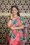 Shubh Lakshmi ~ Handloom Matka Tussar Silk Saree with Floral Handpaint in Peach Pink
