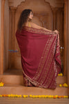 Shubh Lakshmi ~ Handloom Pure Mysore Silk Crepe Saree in Maroon and Gold (Silk Mark Certified)