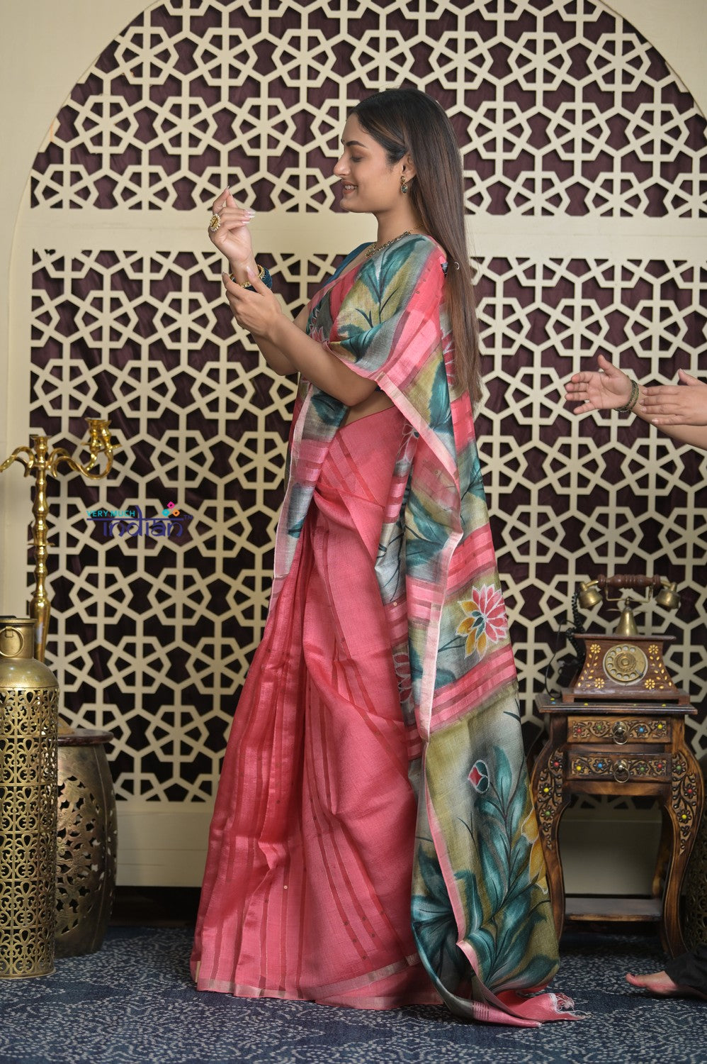 Shubh Lakshmi ~ Handloom Matka Tussar Silk Saree with Floral Handpaint in Peach Pink