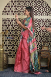 Shubh Lakshmi ~ Handloom Matka Tussar Silk Saree with Floral Handpaint in Peach Pink