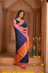 Shubh Lakshmi ~ Handloom Tussar Silk Saree with Digital Print in Dark Blue