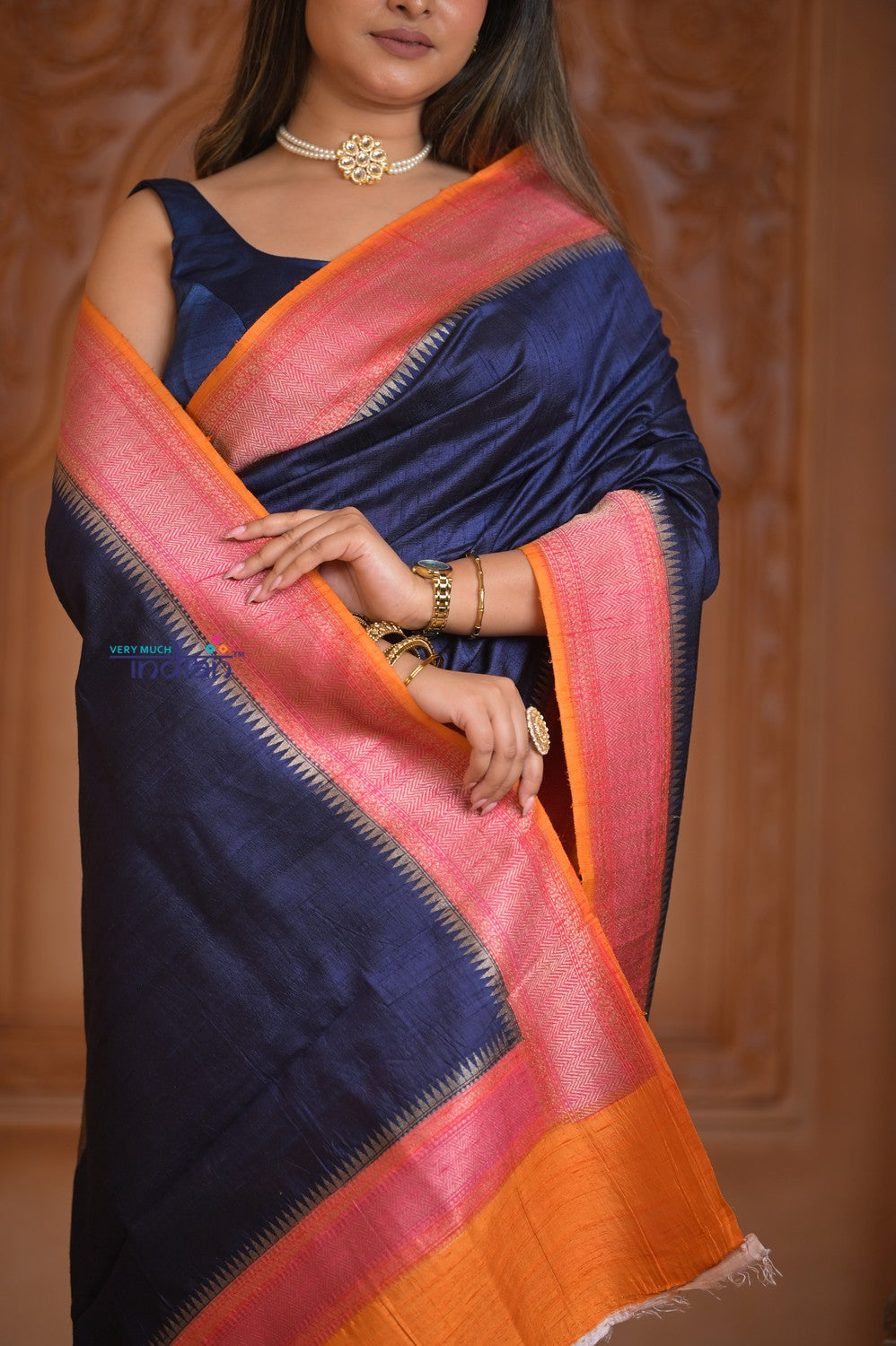 Shubh Lakshmi ~ Handloom Tussar Silk Saree with Digital Print in Dark Blue