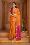 Shubh Lakshmi ~ Handloom Pure Mysore Silk Crepe Saree in Turmeric Yellow and Pink (Silk Mark Certified)