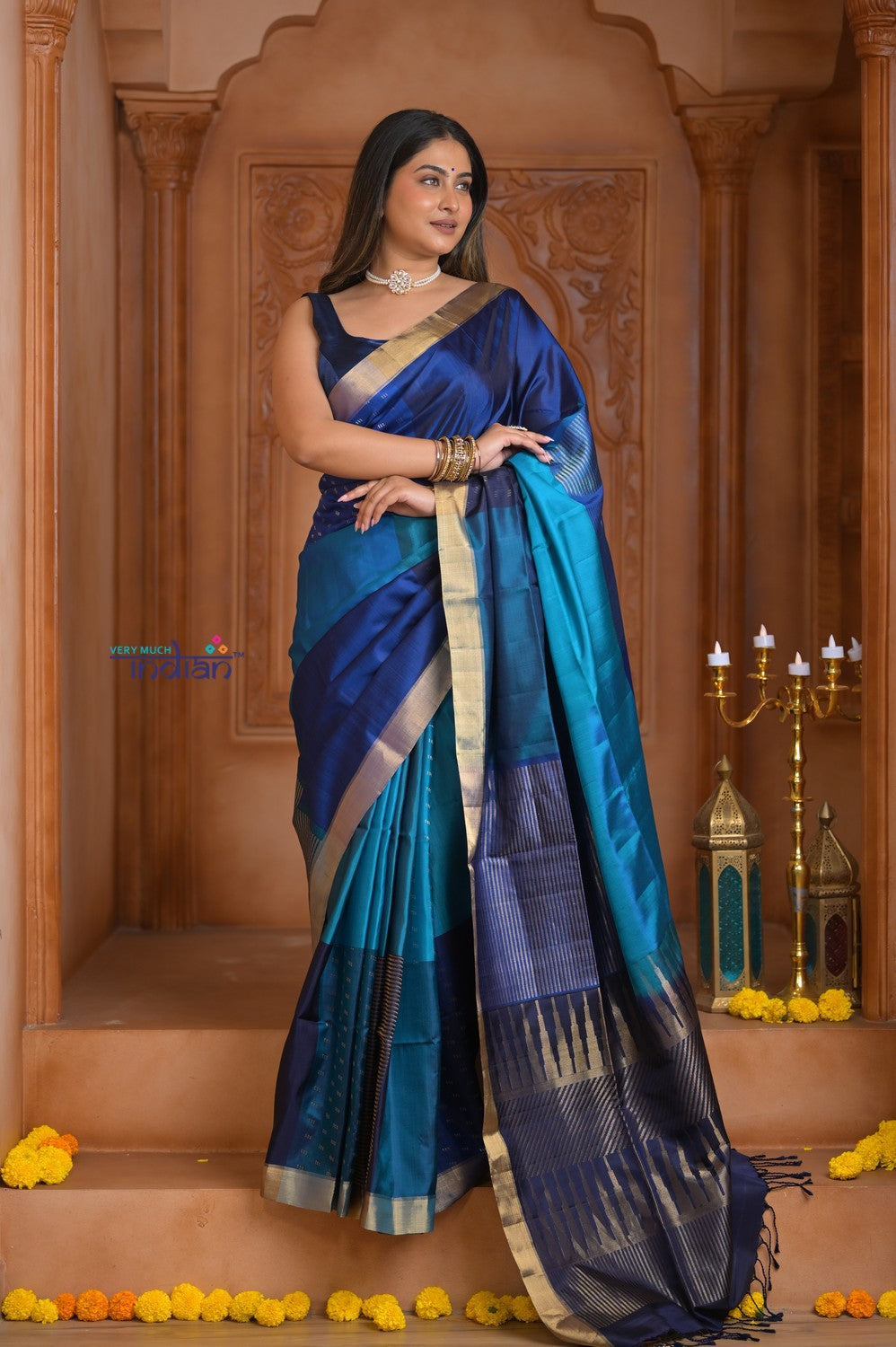 Shubh Lakshmi ~ Handloom High Quality Pure Soft Silk Saree in Shades of Blue (Silk Mark Certified)