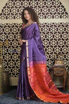 Shubh Lakshmi 2.0 ~ Handloom High Quality Pure Silk Saree in Purple Orange (Silk Mark Certified)