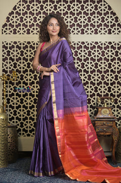 Shubh Lakshmi 2.0 ~ Handloom High Quality Pure Silk Saree in Purple Orange (Silk Mark Certified)