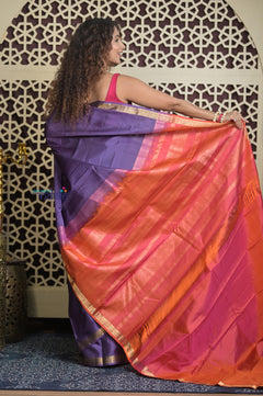 Shubh Lakshmi 2.0 ~ Handloom High Quality Pure Silk Saree in Purple Orange (Silk Mark Certified)