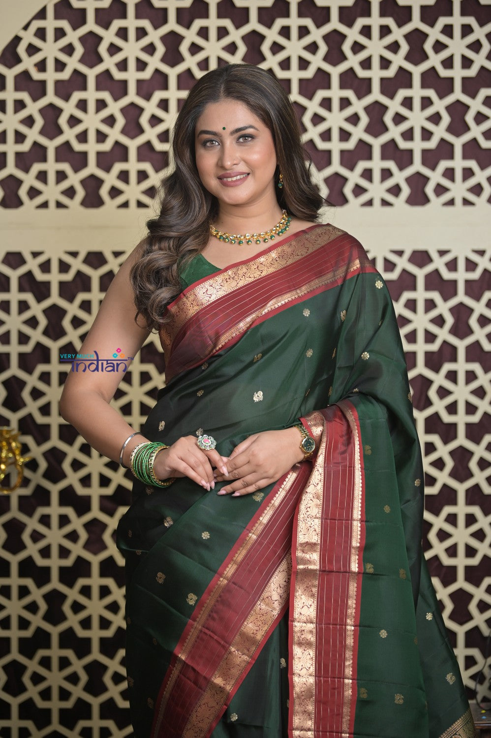 Shubh Lakshmi 2.0 ~ Handloom High Quality Pure Silk Saree in Dark Green and Red (Silk Mark Certified)