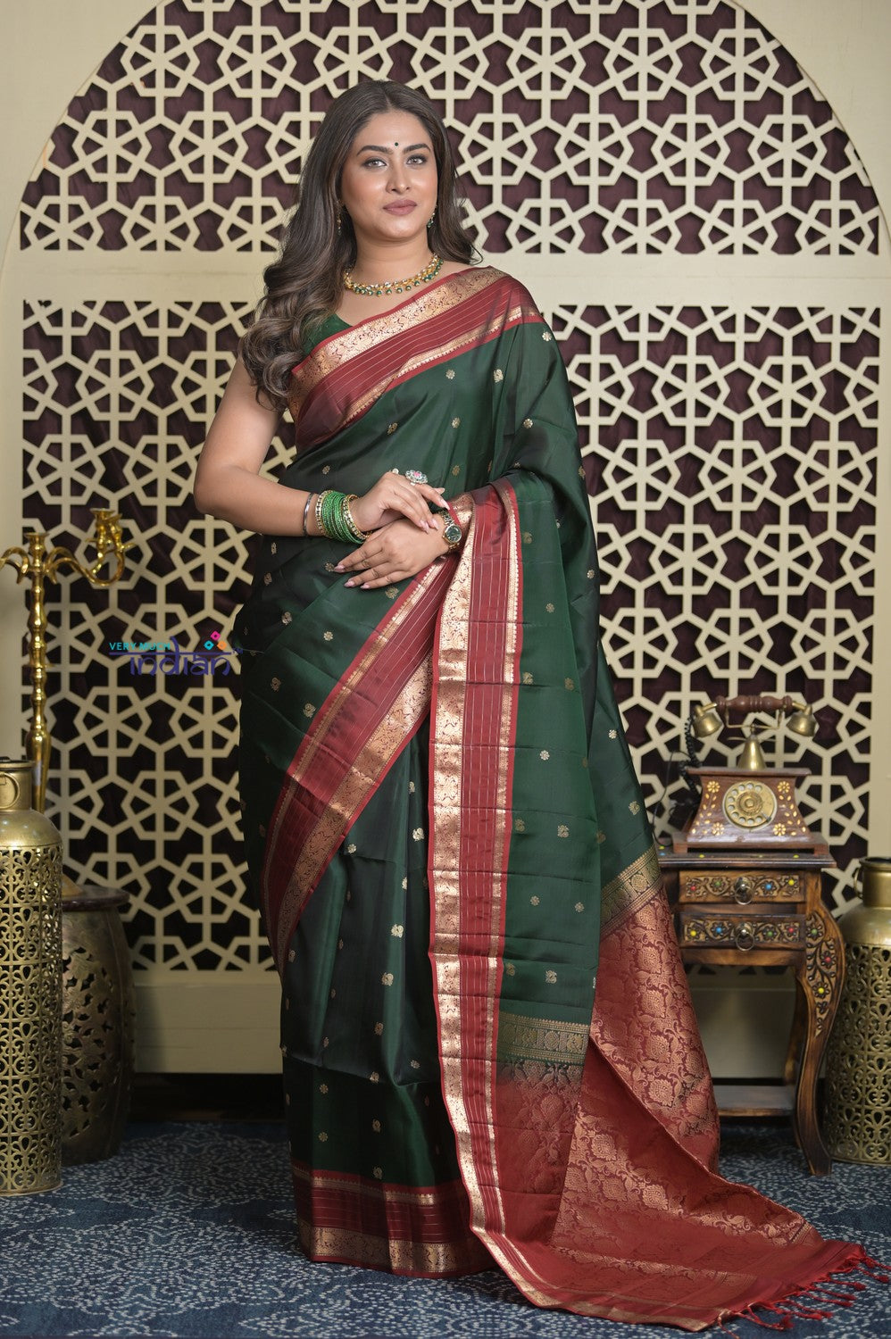 Shubh Lakshmi 2.0 ~ Handloom High Quality Pure Silk Saree in Dark Green and Red (Silk Mark Certified)