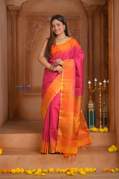 Shubh Lakshmi ~ Handloom High Quality Pure Soft Silk Saree in Pink and Orange (Silk Mark Certified)