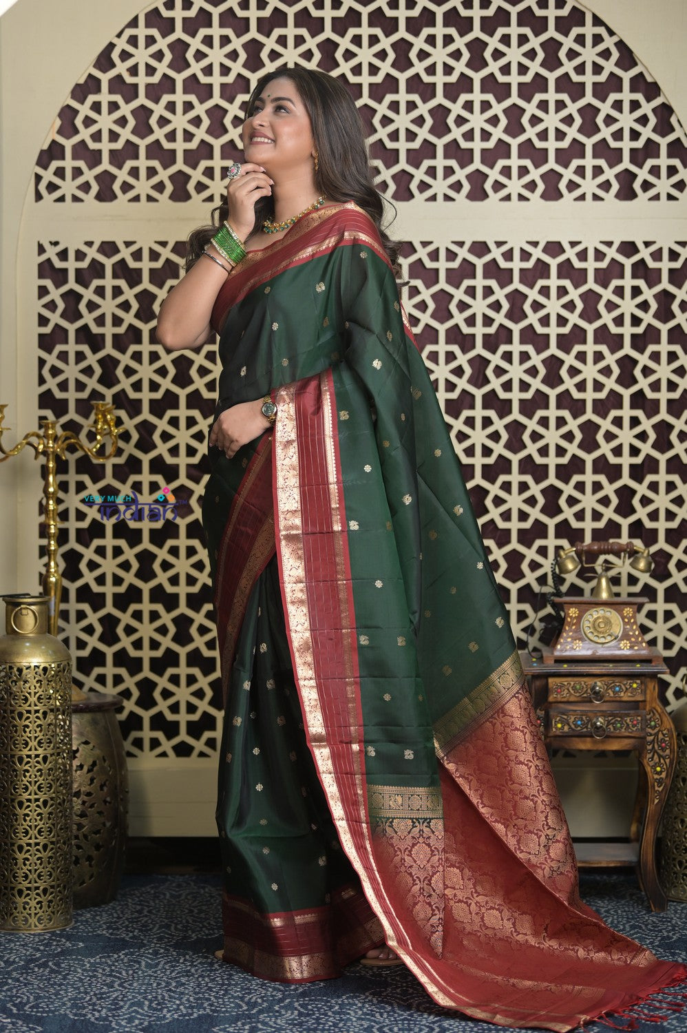 Shubh Lakshmi 2.0 ~ Handloom High Quality Pure Silk Saree in Dark Green and Red (Silk Mark Certified)