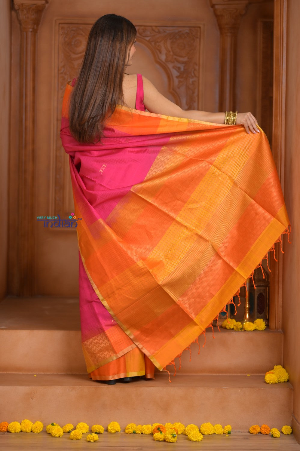 Shubh Lakshmi ~ Handloom High Quality Pure Soft Silk Saree in Pink and Orange (Silk Mark Certified)