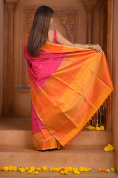 Shubh Lakshmi ~ Handloom High Quality Pure Soft Silk Saree in Pink and Orange (Silk Mark Certified)