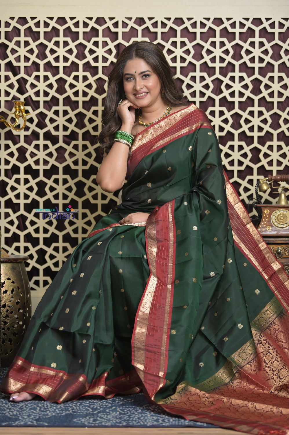 Shubh Lakshmi 2.0 ~ Handloom High Quality Pure Silk Saree in Dark Green and Red (Silk Mark Certified)