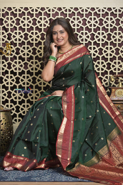 Shubh Lakshmi 2.0 ~ Handloom High Quality Pure Silk Saree in Dark Green and Red (Silk Mark Certified)
