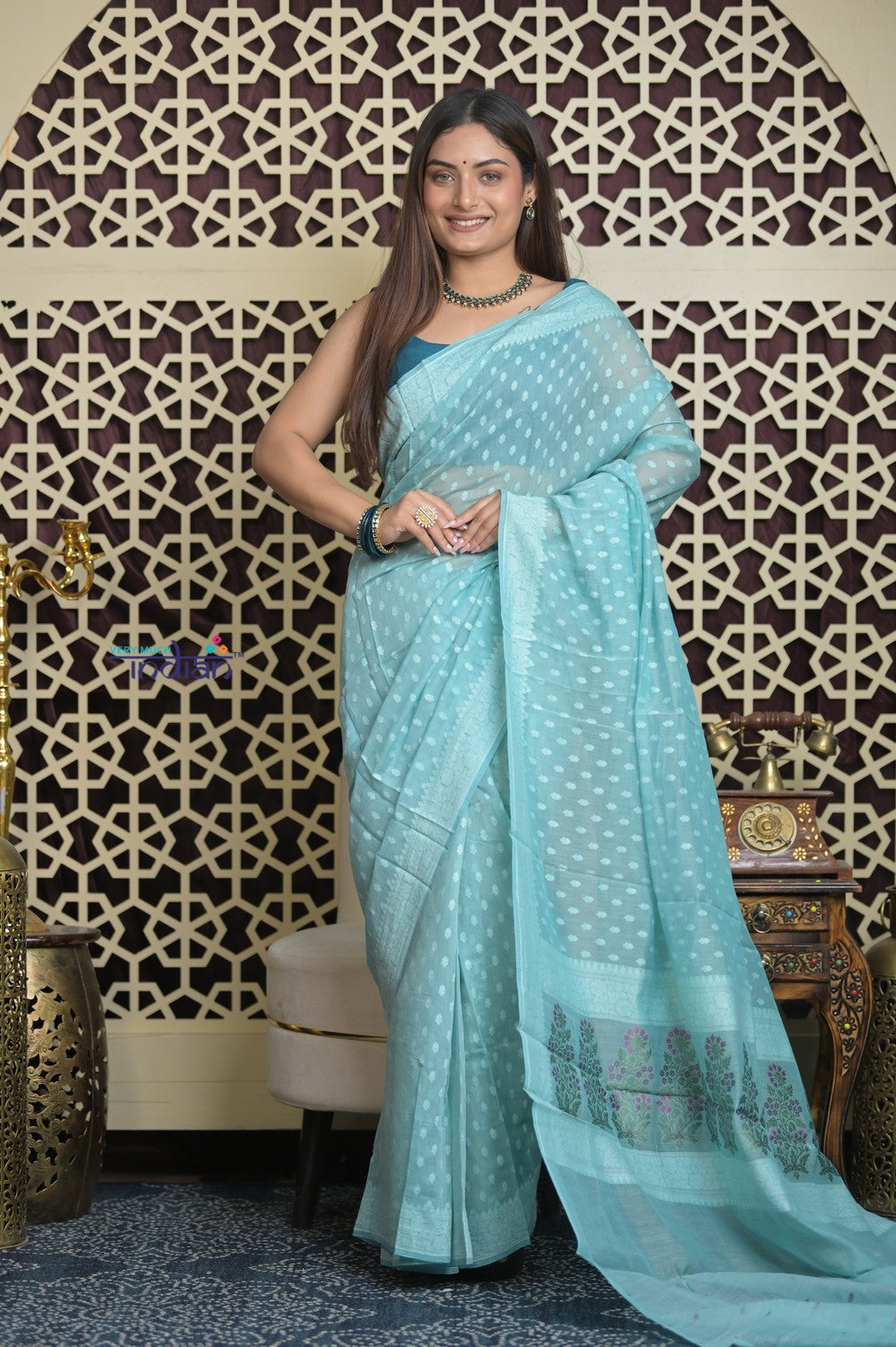 Shubh Lakshmi 2.0 ~ Handloom Chanderi Saree in Flush Blue (Silk Mark Certified)