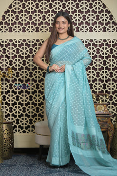 Shubh Lakshmi 2.0 ~ Handloom Chanderi Saree in Flush Blue (Silk Mark Certified)