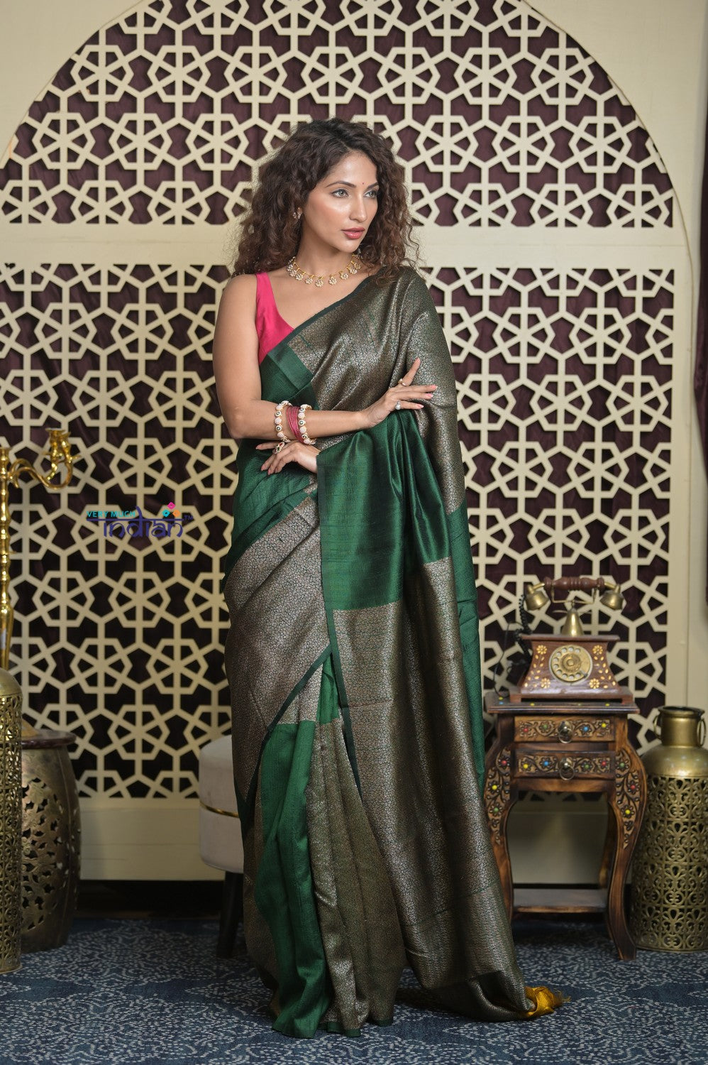 Shubh Lakshmi 2.0 ~ Handloom High Quality Pure Raw Silk Saree in Dark Green and Gold (Silk Mark Certified)