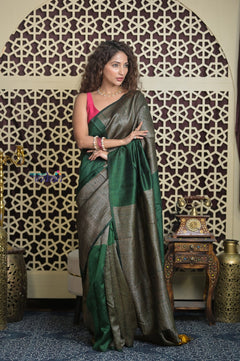 Shubh Lakshmi 2.0 ~ Handloom High Quality Pure Raw Silk Saree in Dark Green and Gold (Silk Mark Certified)