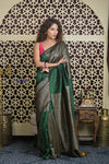 Shubh Lakshmi 2.0 ~ Handloom High Quality Pure Raw Silk Saree in Dark Green and Gold (Silk Mark Certified)