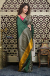 Shubh Lakshmi 2.0 ~ Handloom High Quality Pure Raw Silk Saree in Dark Green and Gold (Silk Mark Certified)