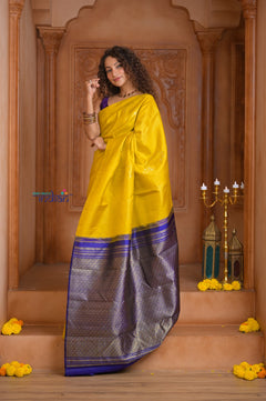 Shubh Lakshmi ~ Handloom High Quality Pure Soft Silk Saree in Lemon Yellow and Blue (Silk Mark Certified)