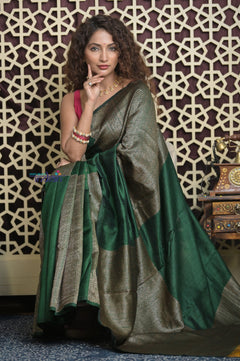 Shubh Lakshmi 2.0 ~ Handloom High Quality Pure Raw Silk Saree in Dark Green and Gold (Silk Mark Certified)