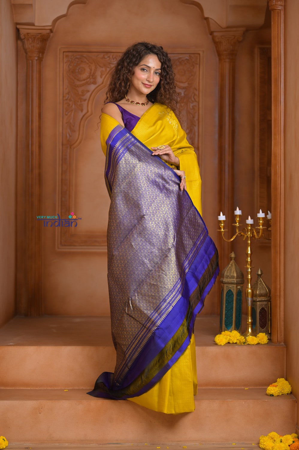 Shubh Lakshmi ~ Handloom High Quality Pure Soft Silk Saree in Lemon Yellow and Blue (Silk Mark Certified)