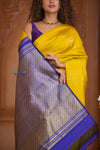 Shubh Lakshmi ~ Handloom High Quality Pure Soft Silk Saree in Lemon Yellow and Blue (Silk Mark Certified)