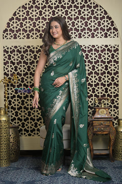 Shubh Lakshmi 2.0 ~ Handloom High Quality Pure Katan Silk Saree in  Green and Gold (Silk Mark Certified)
