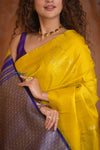 Shubh Lakshmi ~ Handloom High Quality Pure Soft Silk Saree in Lemon Yellow and Blue (Silk Mark Certified)