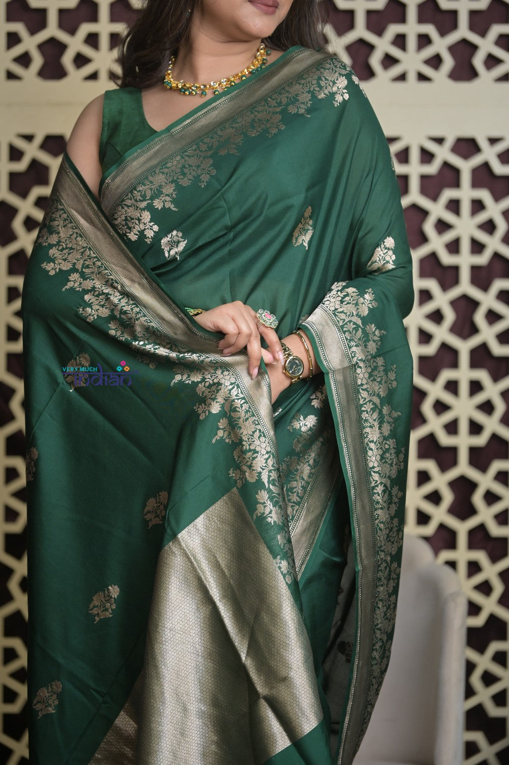 Shubh Lakshmi 2.0 ~ Handloom High Quality Pure Katan Silk Saree in  Green and Gold (Silk Mark Certified)