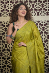Shubh Lakshmi 2.0 ~ Handloom High Quality Pure Tussar Silk Saree with Kantha Embroidery in Lime Green (Silk Mark Certified)