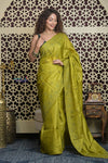 Shubh Lakshmi 2.0 ~ Handloom High Quality Pure Tussar Silk Saree with Kantha Embroidery in Lime Green (Silk Mark Certified)