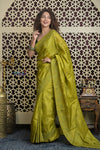 Shubh Lakshmi 2.0 ~ Handloom High Quality Pure Tussar Silk Saree with Kantha Embroidery in Lime Green (Silk Mark Certified)
