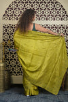 Shubh Lakshmi 2.0 ~ Handloom High Quality Pure Tussar Silk Saree with Kantha Embroidery in Lime Green (Silk Mark Certified)