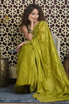 Shubh Lakshmi 2.0 ~ Handloom High Quality Pure Tussar Silk Saree with Kantha Embroidery in Lime Green (Silk Mark Certified)