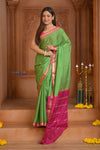 Shubh Lakshmi ~ Handloom Pure Mysore Silk Crepe in Grass Green and Pink (Silk Mark Certified)
