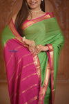 Shubh Lakshmi ~ Handloom Pure Mysore Silk Crepe in Grass Green and Pink (Silk Mark Certified)