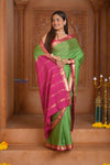 Shubh Lakshmi ~ Handloom Pure Mysore Silk Crepe in Grass Green and Pink (Silk Mark Certified)