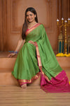 Shubh Lakshmi ~ Handloom Pure Mysore Silk Crepe in Grass Green and Pink (Silk Mark Certified)