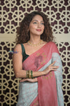 Shubh Lakshmi 2.0 ~ Handloom Pure Linen Saree in Powder Blue and Pink