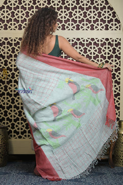 Shubh Lakshmi 2.0 ~ Handloom Pure Linen Saree in Powder Blue and Pink