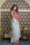 Shubh Lakshmi 2.0 ~ Handloom Pure Linen Saree in Powder Blue and Pink