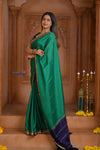 Shubh Lakshmi ~Handloom Pure Mysore Silk Crepe Saree  in Royal Green and Blue (Silk Mark Certified)