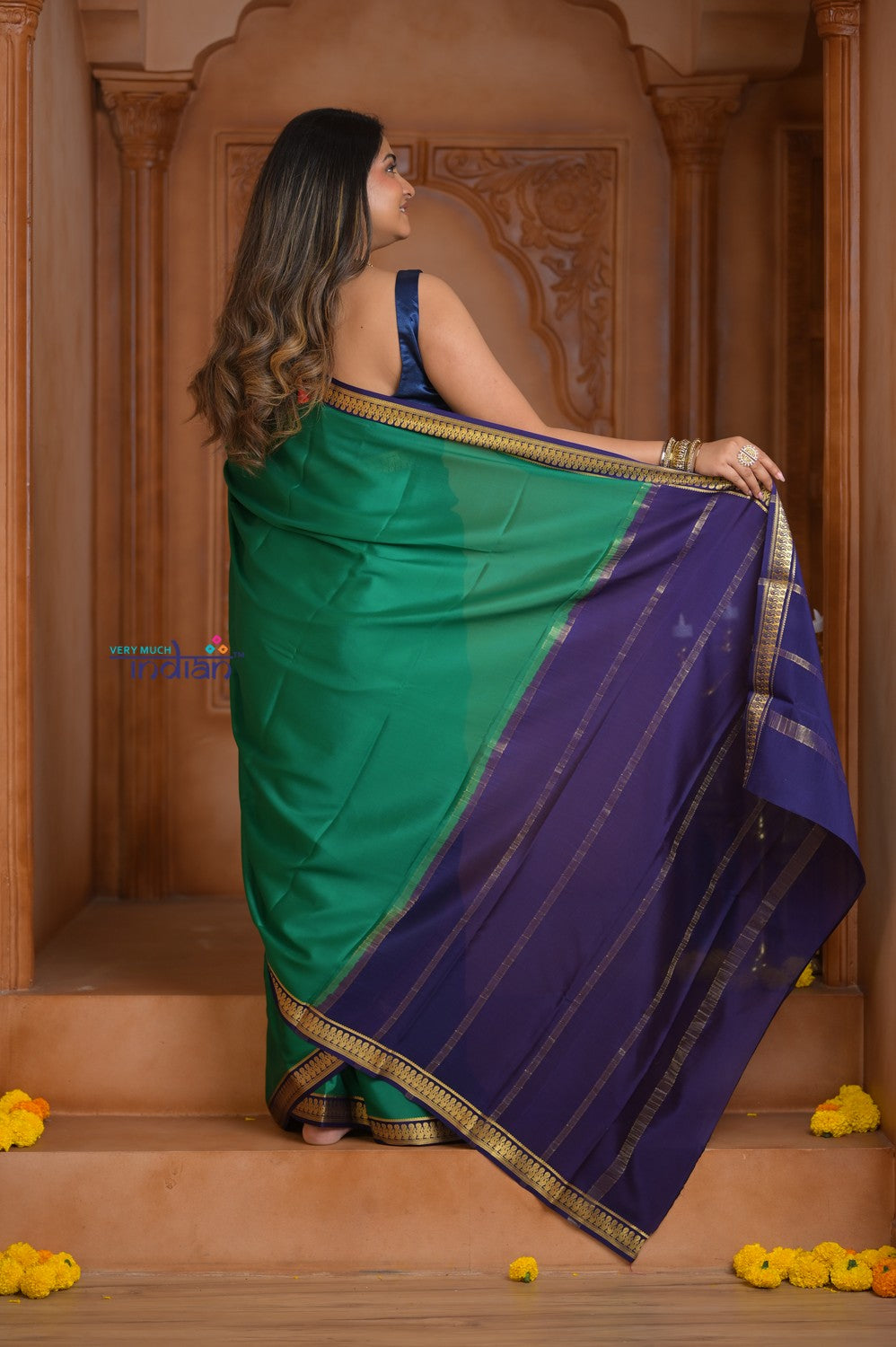 Shubh Lakshmi ~Handloom Pure Mysore Silk Crepe Saree  in Royal Green and Blue (Silk Mark Certified)