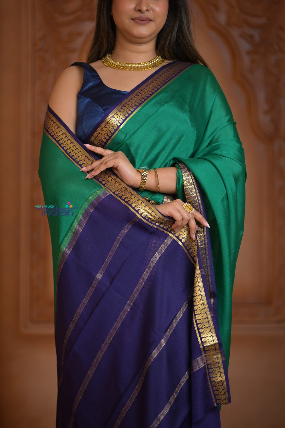 Shubh Lakshmi ~Handloom Pure Mysore Silk Crepe Saree  in Royal Green and Blue (Silk Mark Certified)