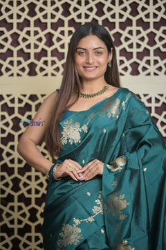 Shubh Lakshmi 2.0 ~ Handloom High Quality Pure Katan Silk Saree in Teal Blue and Gold (Silk Mark Certified)