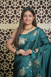 Shubh Lakshmi 2.0 ~ Handloom High Quality Pure Katan Silk Saree in Teal Blue and Gold (Silk Mark Certified)
